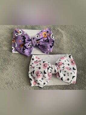 2pc Halloween Bow Headbands Girls Purple White Pumpkin Bat Skull Hair Bows New